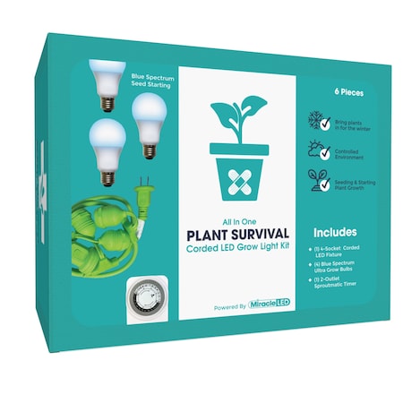 Miracle Led 4-Socket Plant Survival Grow Light Kit- Blue Spec. 12W Replace 150W Grow Bulbs w/ Timer 802347